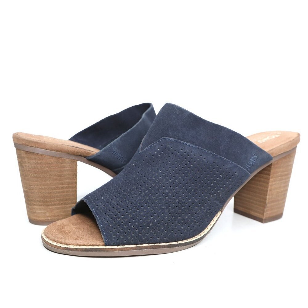 TOMS Majorca Suede Mule Slides Open Toe Block Heel Pumps Navy BlueTan Summer